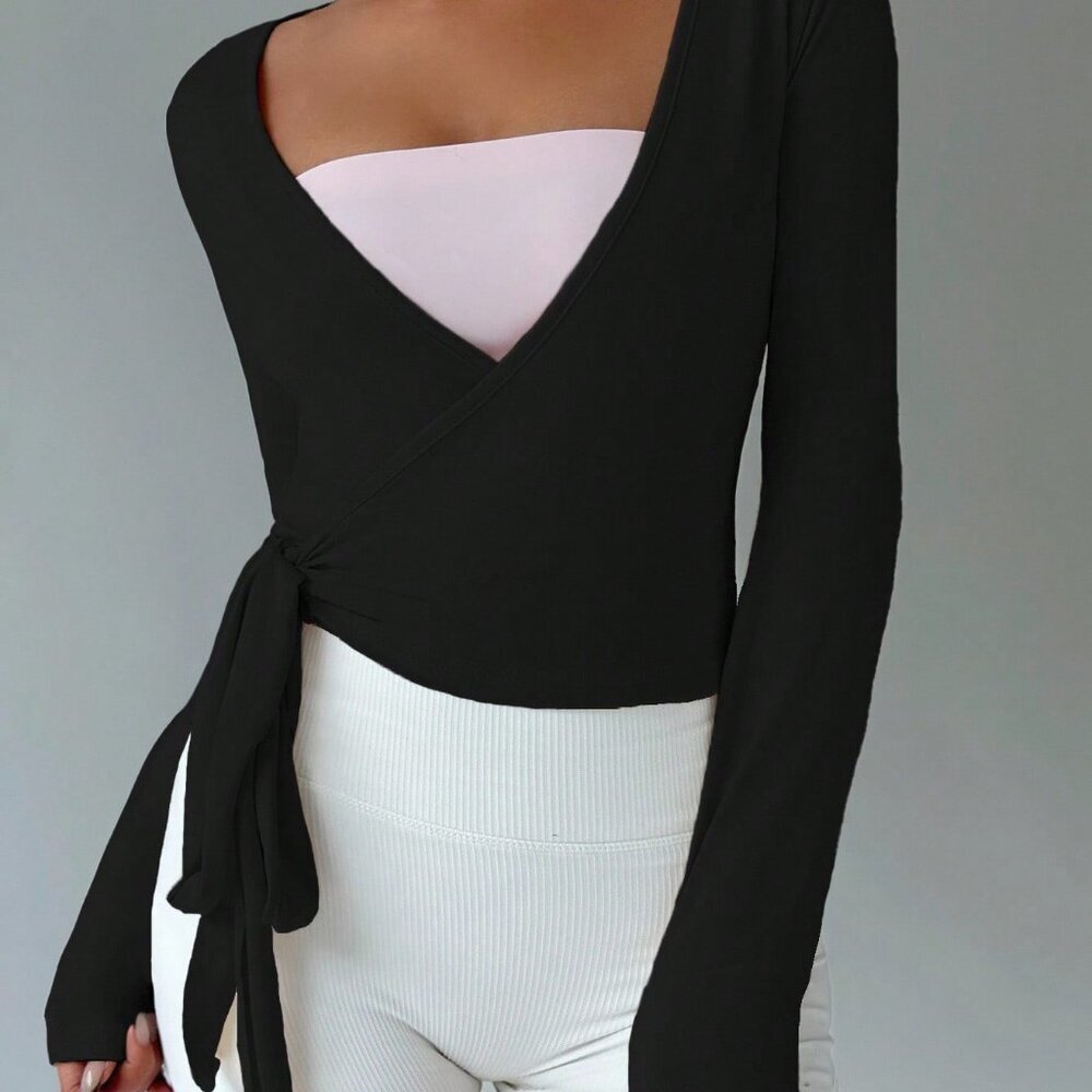 Black Casual Women's Yoga Tie-Up V-Neck Wrap Long Sleeve Cropped Tee - Picture 5 of 6